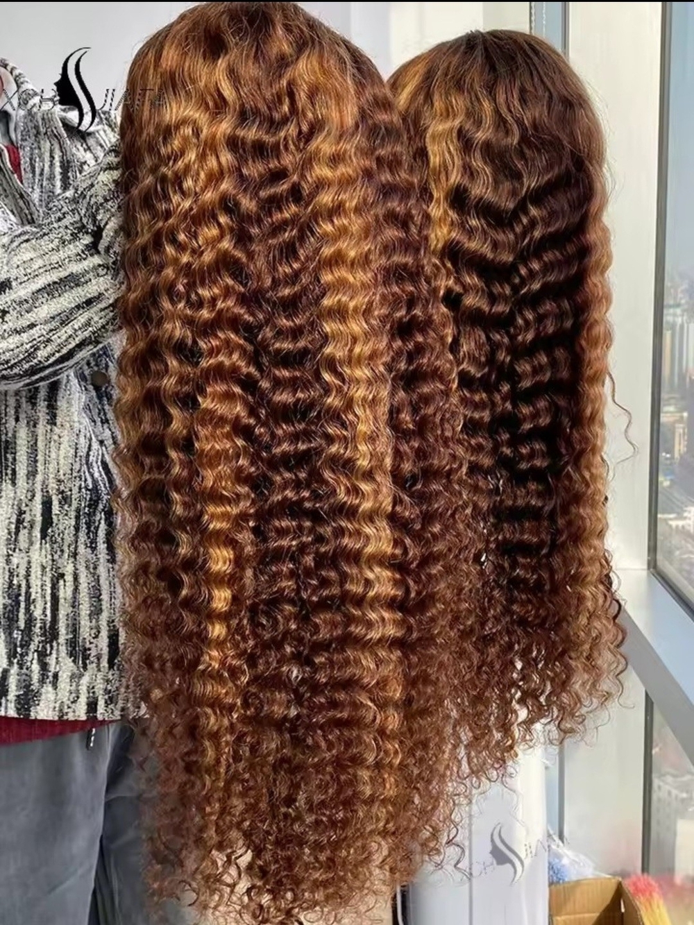 Brown Curly Women’s Lace Front Wig - Stylish Chestnut Brown Highlights